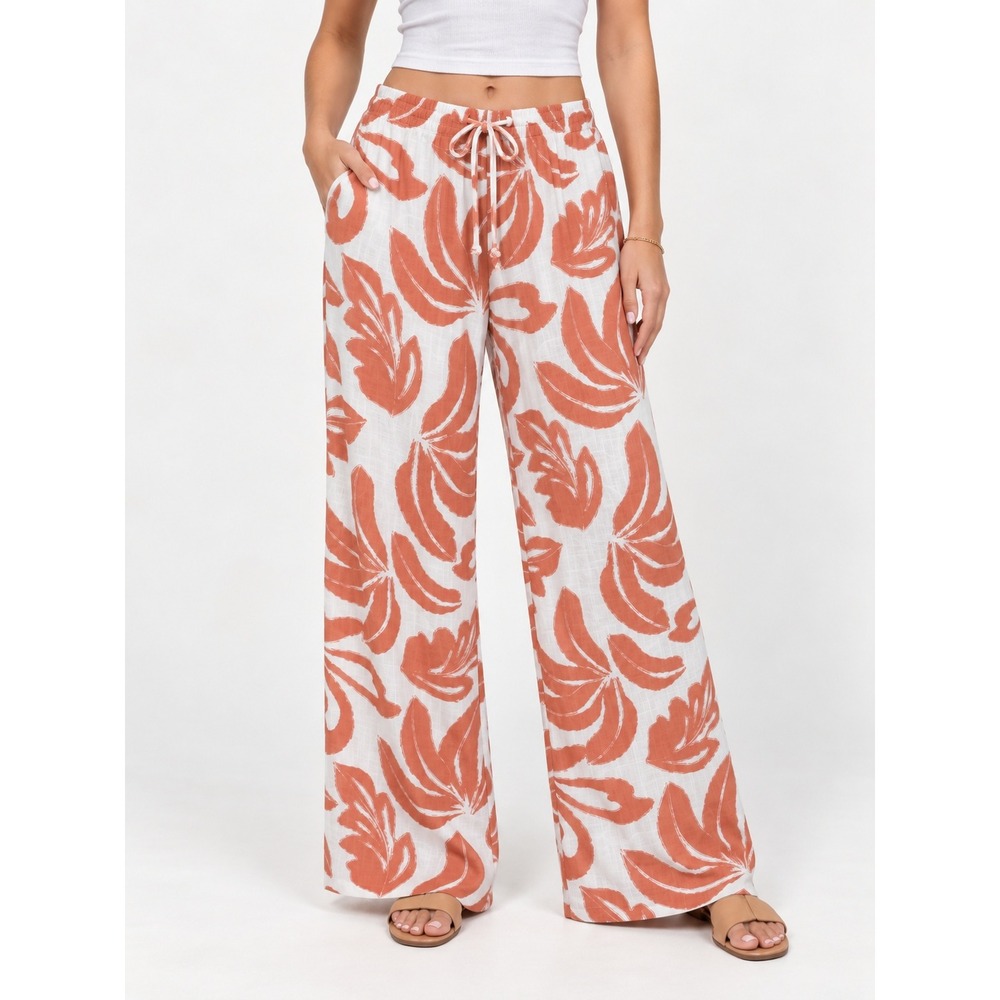 Sienna Sky Linen Rayon Blend Wide Leg Pants Orange White Tropical Leaf Print S